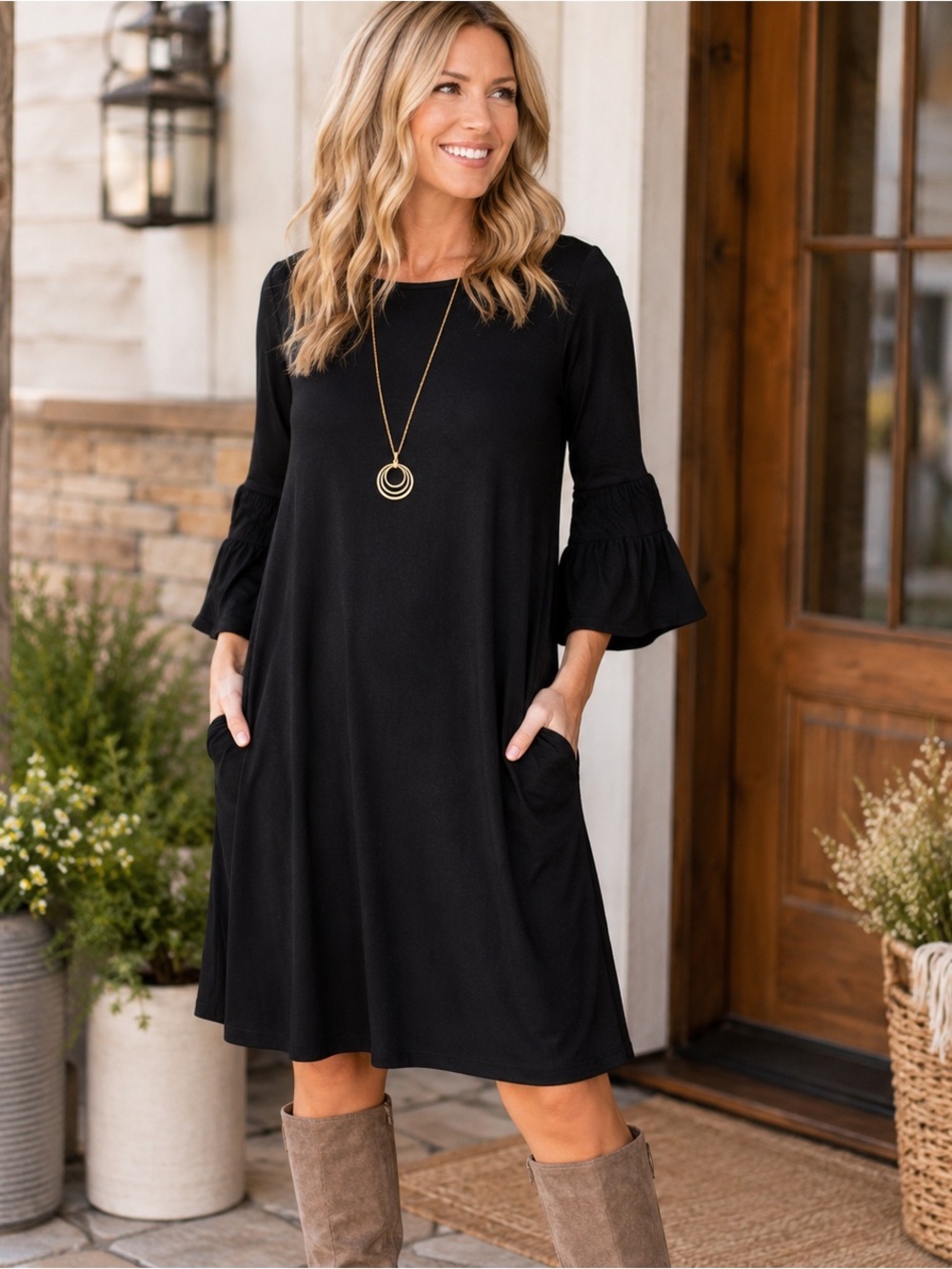 Agnes & Dora Walker Bloom Dress Black Bell Sleeve Pockets NWT